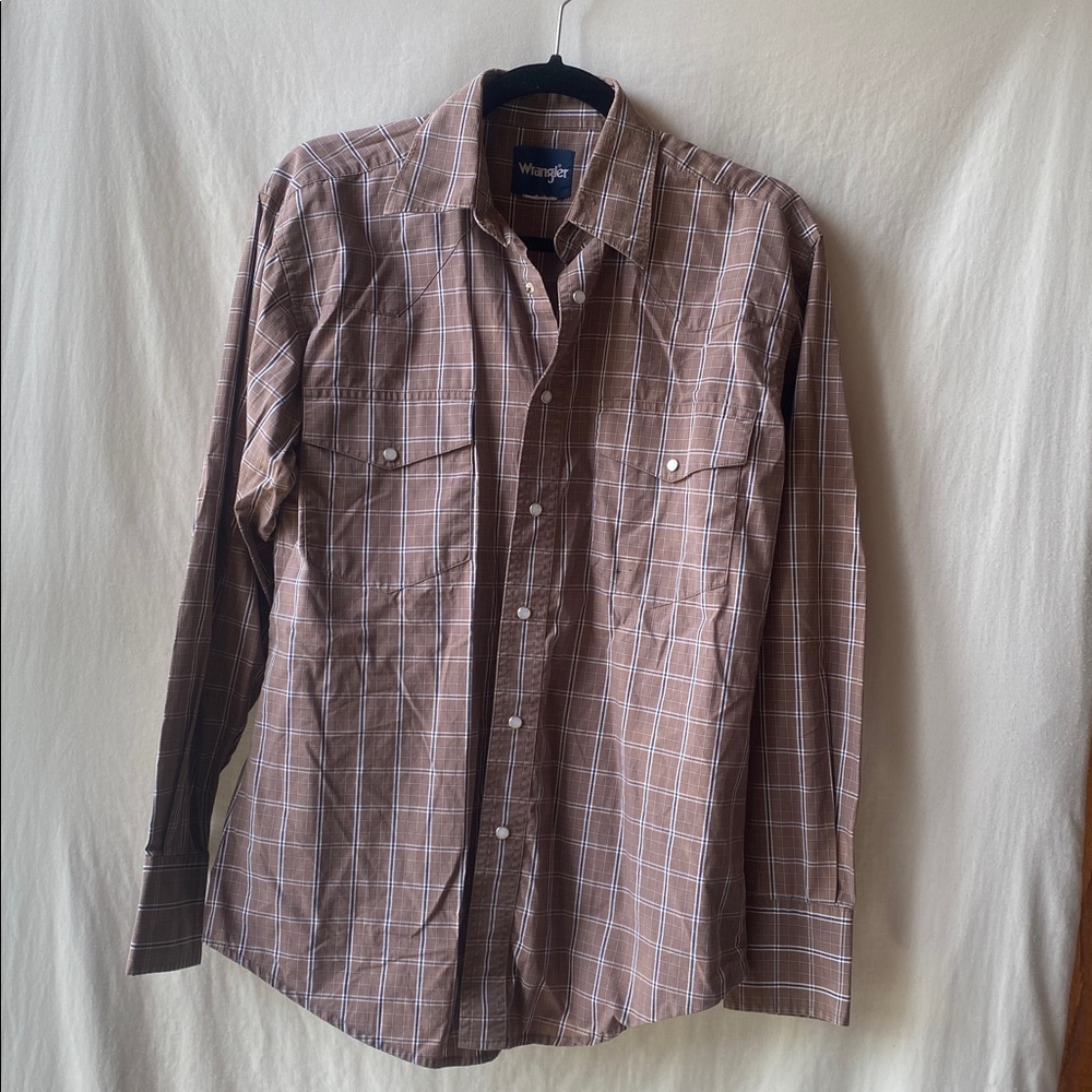Wrangler Brown Plaid Pearl Snap Long Sleeve Button Down Shirt
